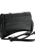 Shiny Calfskin Monochrome Crocodile Embossed Small Hourglass Evening Chain Bag Black