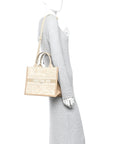 Canvas Calfskin Embroidered Small Plan De Paris Book Tote With Strap Beige