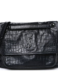 Crocodile Embossed Lambskin Monogram Medium Niki Chain Satchel Black