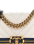 Calfskin Chevron Quilted Braided Small Boy Flap White Navy