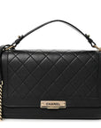 Grained Calfskin Quilted Large Label Click Flap Bag Black