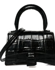 Shiny Calfskin Monochrome Crocodile Embossed Hourglass Top Handle Bag Mini Black