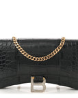 Shiny Calfskin Crocodile Embossed Hourglass Chain Bag Black