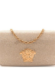 Satin Crystal Medusa Chain Clutch Beige