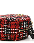 Tweed Quilted CHNL 19 Round Clutch With Chain Red Black White Green