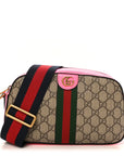 GG Supreme Monogram Textured Dollar Calfskin Web Ophidia Small Crossbody Bag Beige Ebony Fuchsia
