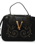 Vitello Western Studded Virtus Top Handle Shoulder Bag Black