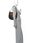 Coated Canvas Calfskin La Greca Signature Shoulder Bag Black Caramel