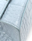 Shiny Calfskin Crocodile Embossed Small Hourglass Top Handle Bag Blue Grey