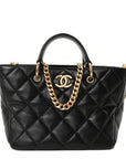 Lambskin Quilted Small Top Handle Shopping Bag Black