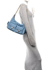 Washed Denim Quilted Large Trendy Pockets Hobo Blue
