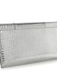 Metallic Calfskin Crocodile Embossed Hourglass Flap Flat Pouch Silver