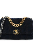 Tweed Quilted Large CHNL 19 Flap Navy Blue
