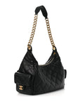 Shiny Lambskin Quilted Trendy Pockets Hobo Black