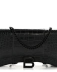 Shiny Calfskin Monochrome Crocodile Embossed Hourglass Chain Bag Black