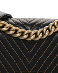 Lambskin Chevron Chain Stitched Small Boy Flap Black