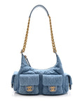 Washed Denim Quilted Large Trendy Pockets Hobo Blue