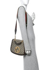 GG Supreme Monogram Textured Dollar Calfskin Web Medium Blondie Top Handle Shoulder Flap Bag Beige Ebony New Acero