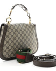GG Supreme Monogram Textured Dollar Calfskin Web Medium Blondie Top Handle Shoulder Flap Bag Beige Ebony New Acero