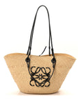 Calfskin Raffia Paulas Ibiza Medium Anagram Basket Tote Bag Natural Black