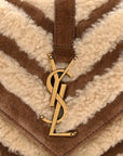 Nubuck Shearling Chevron Monogram Medium College Bag Dark Cigar Natural Beige