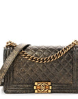Cracked Metallic Calfskin Quilted Medium Boy Flap Gold