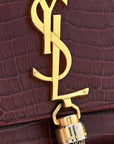 Calfskin Crocodile Embossed Medium Classic Monogram Kate Tassel Satchel Dark Red