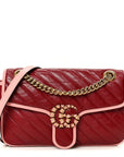 Azalea Calfskin Enamel Matelasse Diagonal Small Torchon GG Marmont Shoulder Bag New Cherry Red Wild Rose