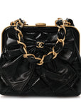 Patent Crumpled Lambskin Quilted Maxi Bow Clutch With Chain Black