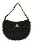 Shiny Crumbled Lambskin Quilted Round Small CC Hobo Black
