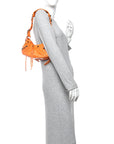 Extra Supple Calfskin Crocodile Embossed Le Cagole Shoulder Bag XS Pop Orange