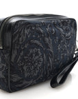 Fabric Jacquard Calfskin Barocco Wristlet Pouch Black