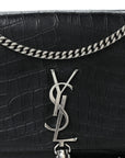 Calfskin Crocodile Embossed Medium Classic Monogram Kate Tassel Satchel Black