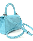 Shiny Calfskin Crocodile Embossed Hourglass Top Handle Bag XS Turquoise