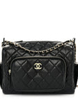 Shiny Crumpled Lambskin Quilted Medium Preppy Pocket Camera Case Black