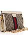 GG Supreme Monogram Textured Calfskin Web Small Ophidia Chain Shoulder Bag Beige Ebony Mystic White