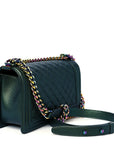 Iridescent Goatskin Quilted Medium Boy Flap Green