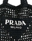 Yarn Raffia Effect Crochet Logo Embroidered Tote Bag Black