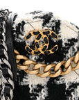 Wool Tweed Lambskin Quilted CHNL 19 Round Clutch With Chain and Coin Purse Black White