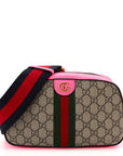 GG Supreme Monogram Textured Dollar Calfskin Web Ophidia Small Crossbody Bag Beige Ebony Fuchsia
