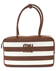 Canvas Calfskin Striped Large Beau Top Handle Bag Naturale Brandy