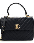 Lambskin Chevron Quilted Small Trendy CC Flap Dual Handle Bag Navy