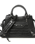 Shiny Supple Calfskin Crocodile Embossed Neo Classic Silver Hardware S City Dark Grey