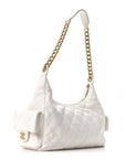 Shiny Lambskin Quilted Trendy Pockets Hobo White