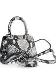 Shiny Calfskin Snakeskin Effect Hourglass Top Handle Bag Mini Silver Black
