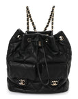 Lambskin Quilted Double Pocket Drawstring Backpack Black