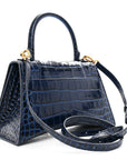 Shiny Calfskin Crocodile Embossed Small Hourglass Top Handle Bag Navy