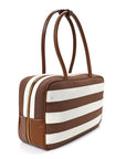 Canvas Calfskin Striped Large Beau Top Handle Bag Naturale Brandy