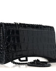 Shiny Calfskin Monochrome Crocodile Embossed Hourglass Chain Bag Black