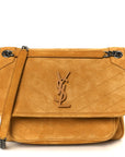 Suede Monogram Medium Niki Chain Satchel Cheddar